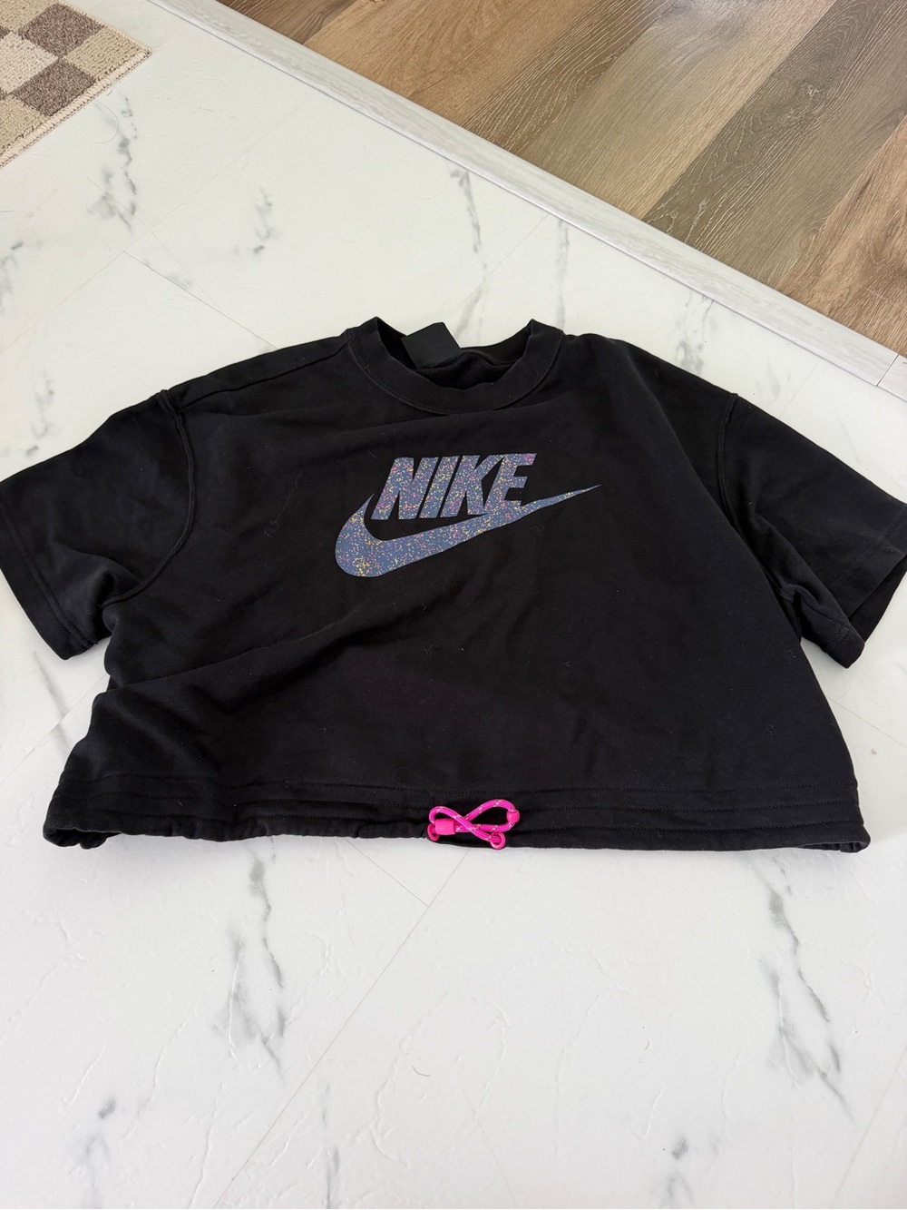 Nike Black Crop Tee with Glitter Logo and Pink Drawcord